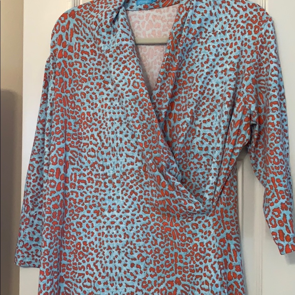 J. McLaughlin Light Blue and Coral Animal Print Wrap Dress